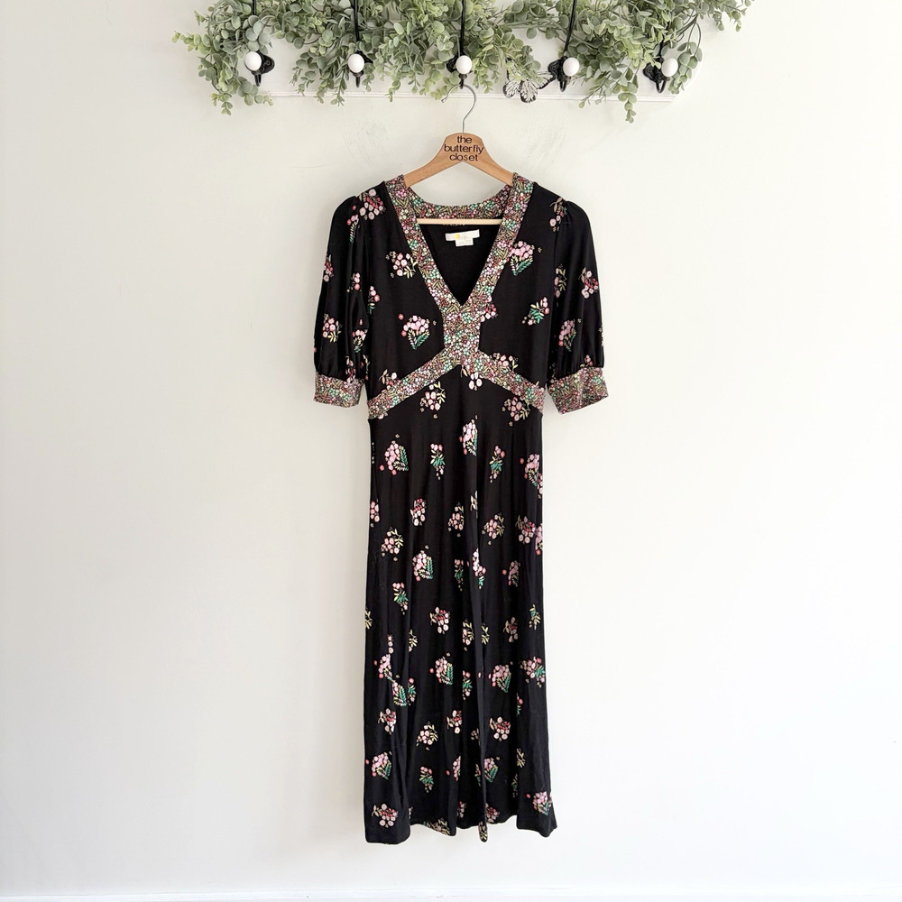 Boden Eva Jersey Midi Dress In Black With Floral With A V Neck 8R 20 60